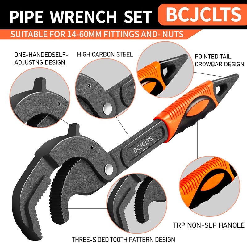 BCJCLTS Pipe Wrench Set, 10” and 15” Self Adjusting Wrench 2-Piece Plumbing Tools for 0.55“-2.36”/14-60mm Standard Nuts, Irregular Nuts,Pipes Use - Image 2